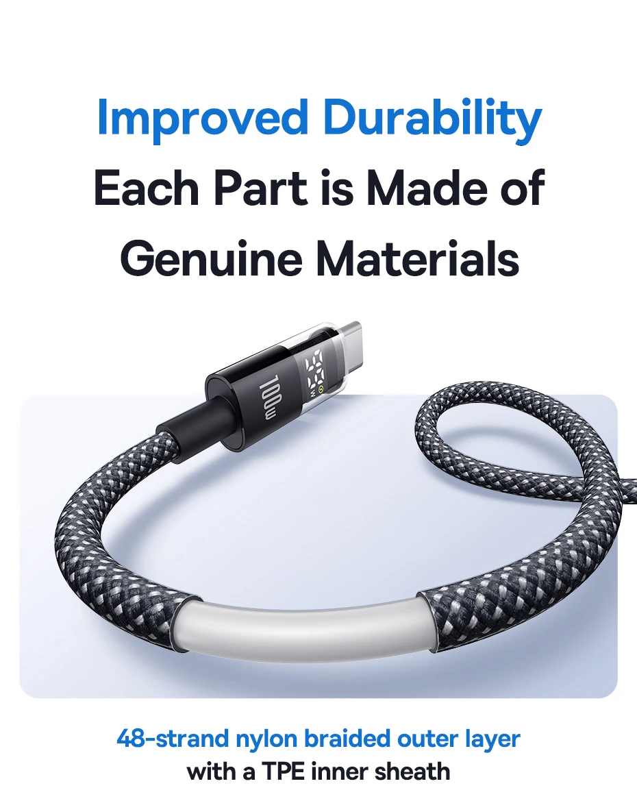 Baseus USB C Cable 100W For iPhone 17 16 15 Pro Max LED Dispaly USB Cable Type C for Macbook pro Fast Charge Wire for Xiaomi