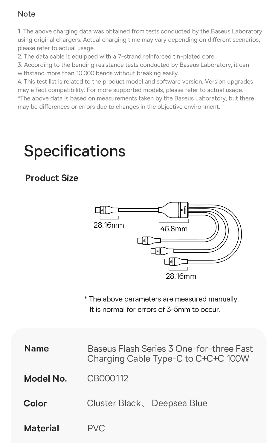 Baseus 3 in 1 USB Cable 6A 100W USB C Charging Cable For iPhone 16 15 Type C Cable For Macbook Air Data Cord For Samsung Xiaomi