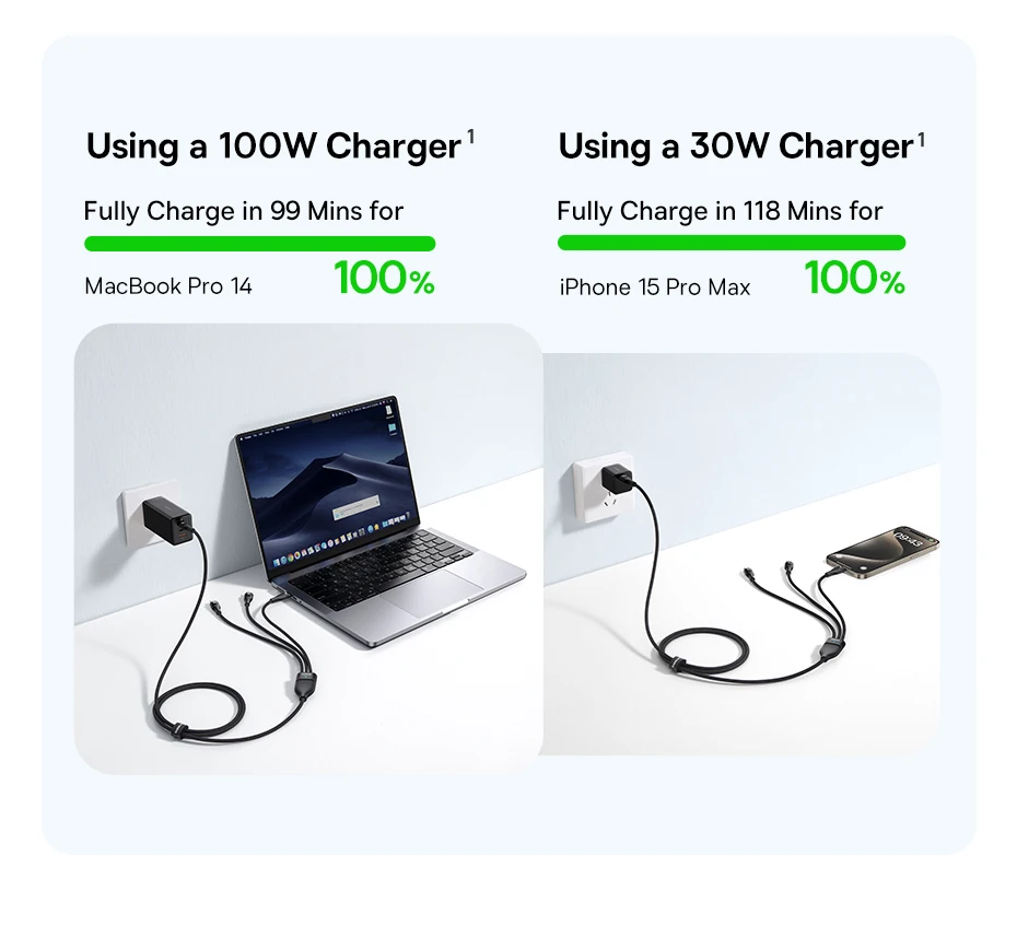 Baseus 3 in 1 USB Cable 6A 100W USB C Charging Cable For iPhone 16 15 Type C Cable For Macbook Air Data Cord For Samsung Xiaomi