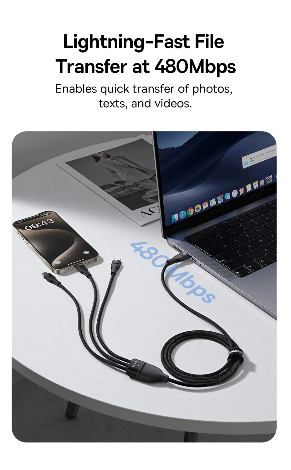 Baseus 3 in 1 USB Cable 6A 100W USB C Charging Cable For iPhone 16 15 Type C Cable For Macbook Air Data Cord For Samsung Xiaomi