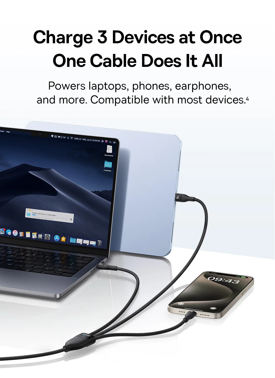 Baseus 3 in 1 USB Cable 6A 100W USB C Charging Cable For iPhone 16 15 Type C Cable For Macbook Air Data Cord For Samsung Xiaomi