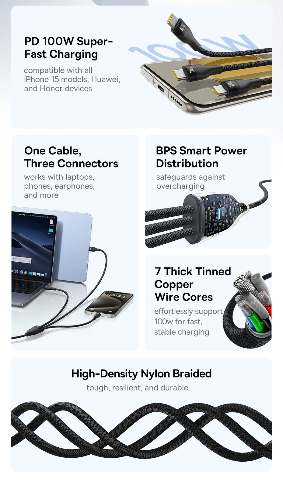 Baseus 3 in 1 USB Cable 6A 100W USB C Charging Cable For iPhone 16 15 Type C Cable For Macbook Air Data Cord For Samsung Xiaomi