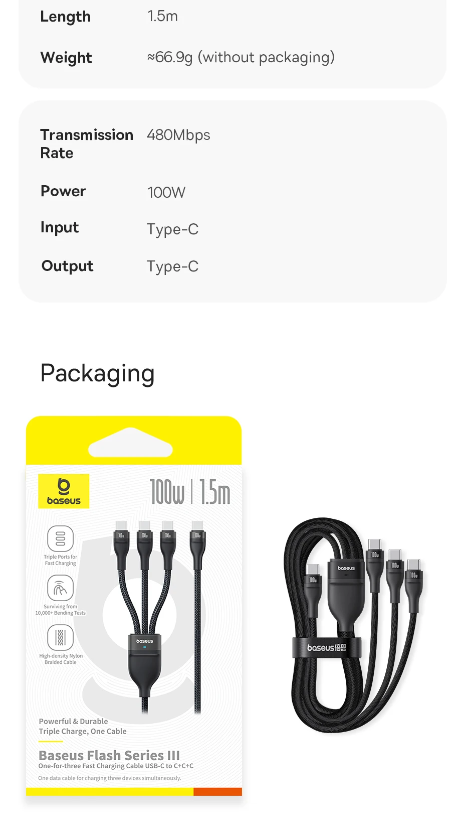 Baseus 3 in 1 USB Cable 6A 100W USB C Charging Cable For iPhone 16 15 Type C Cable For Macbook Air Data Cord For Samsung Xiaomi