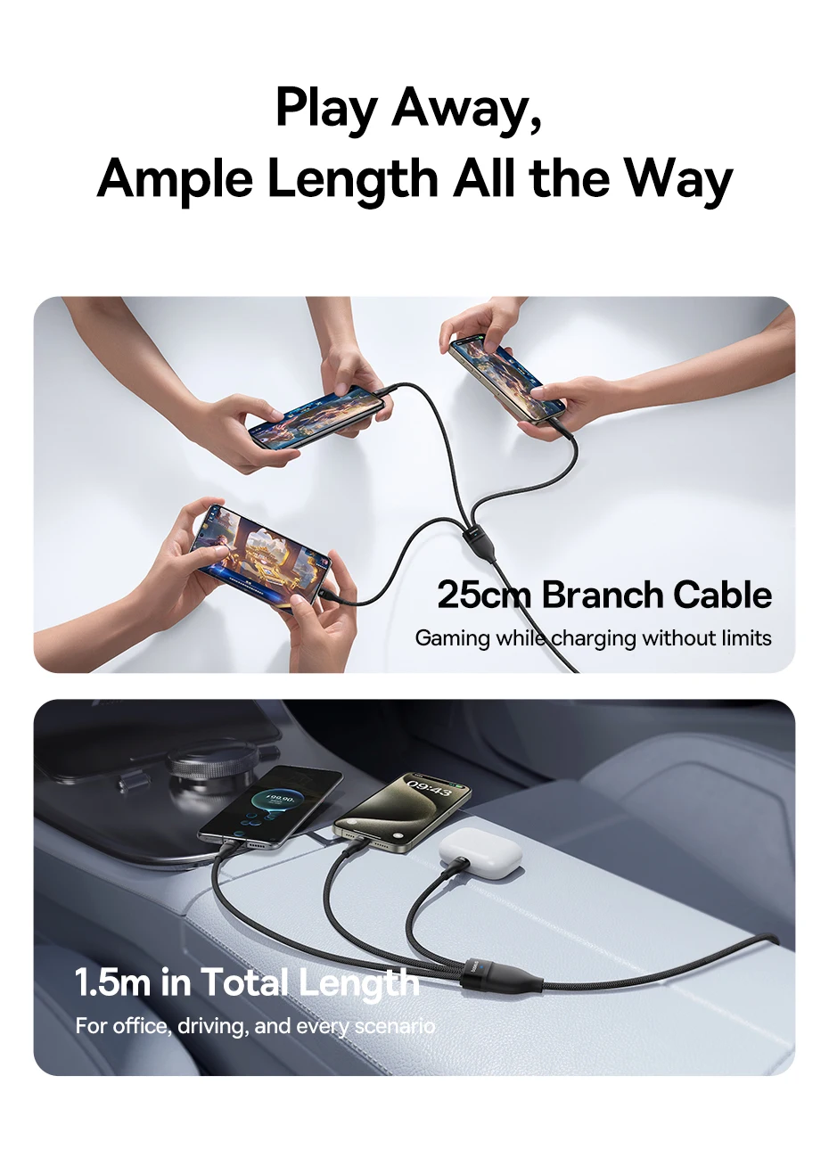 Baseus 3 in 1 USB Cable 6A 100W USB C Charging Cable For iPhone 16 15 Type C Cable For Macbook Air Data Cord For Samsung Xiaomi
