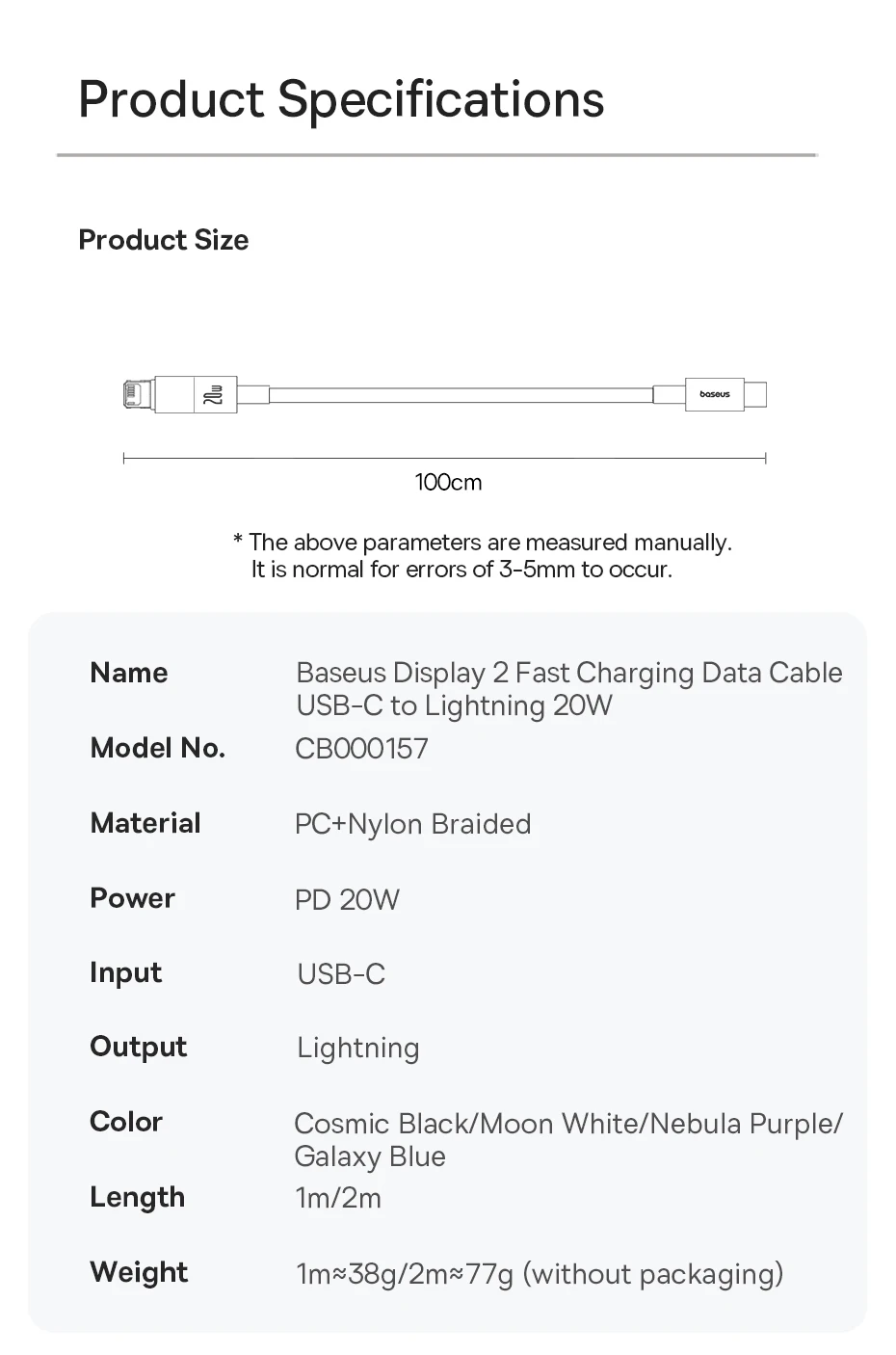 Baseus 20W USB C Cable For iPhone 14 13 12 LED Display USB Cable Type C for iPad Pro Fast Charging Data Wire