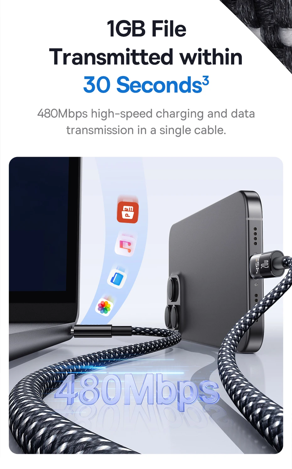 Baseus 20W USB C Cable For iPhone 14 13 12 LED Display USB Cable Type C for iPad Pro Fast Charging Data Wire