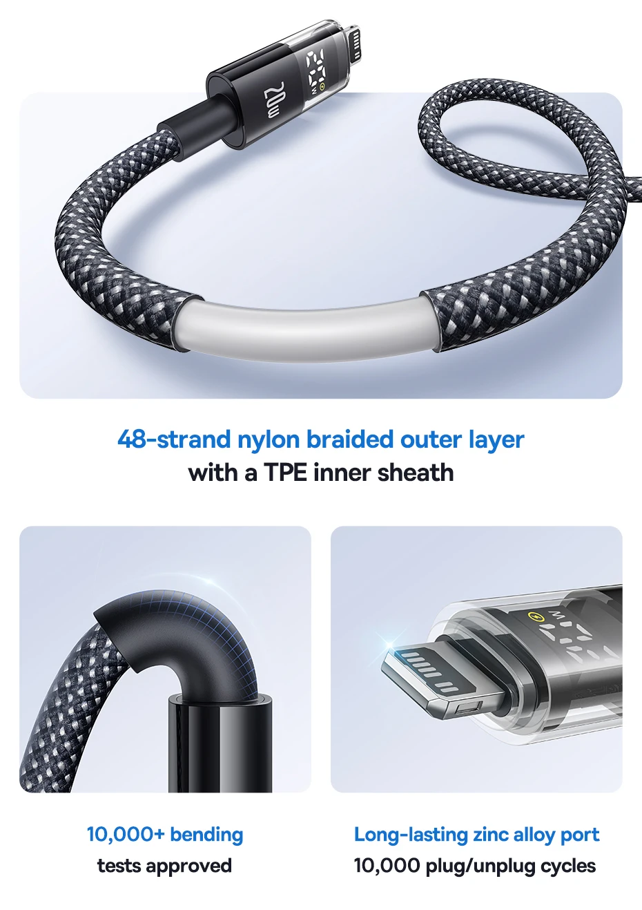 Baseus 20W USB C Cable For iPhone 14 13 12 LED Display USB Cable Type C for iPad Pro Fast Charging Data Wire