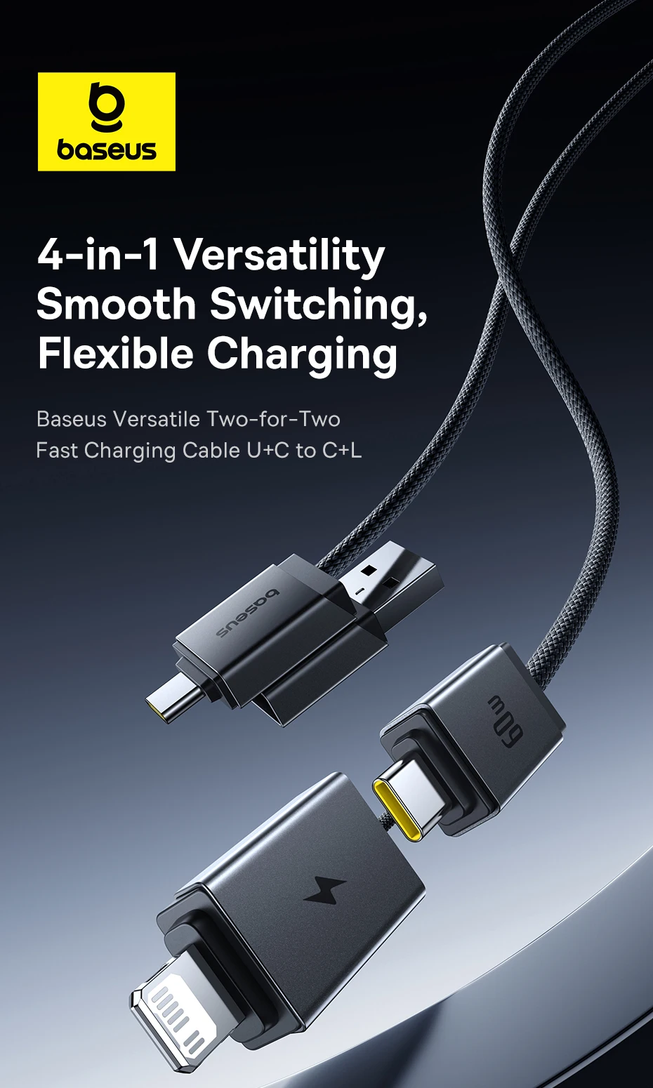Baseus 4 in 1 USB Cable For iPhone 15 16 Promax 60W Fast Charging Cable For ipad Pro Laptops Type C Cable for Xiaomi Samsung