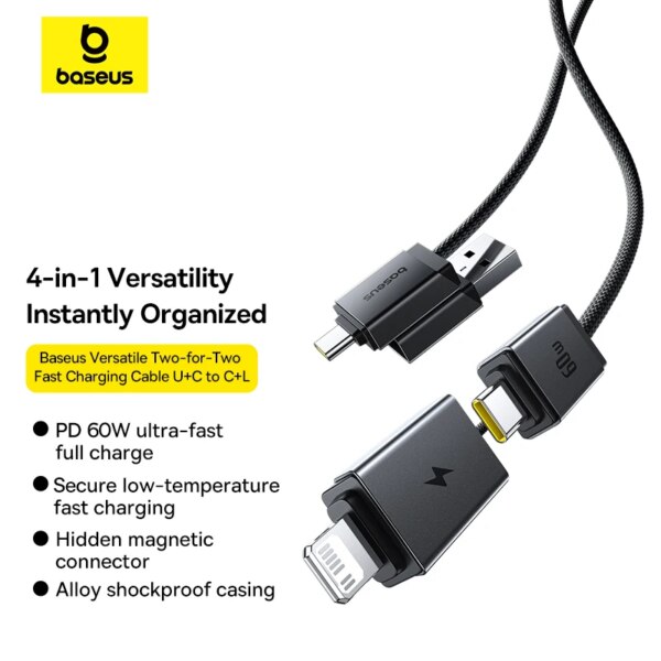Baseus 4-in-1 USB Fast Charging Cable 60W PD for iPhone 16 15 Pro Max iPad Laptop - Image 2