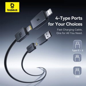 Baseus 4-in-1 USB Fast Charging Cable 60W PD for iPhone 16 15 Pro Max iPad Laptop
