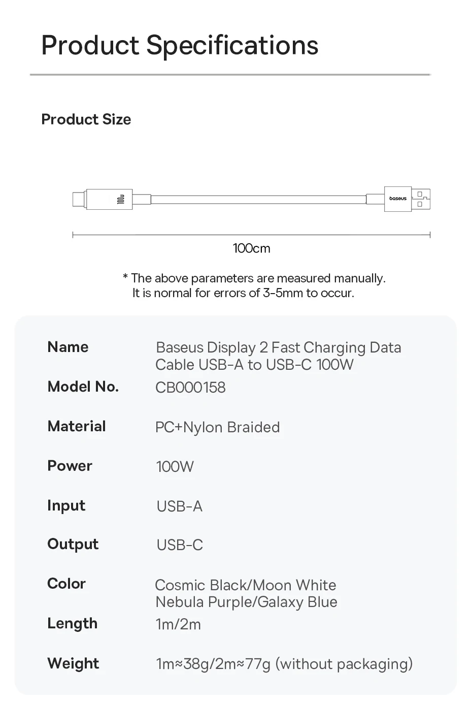 Baseus 100W USB Cable For Huawei Honor LED Display USB Cable Type C for Tablet Fast Charging Data Wire For Xiaomi 14