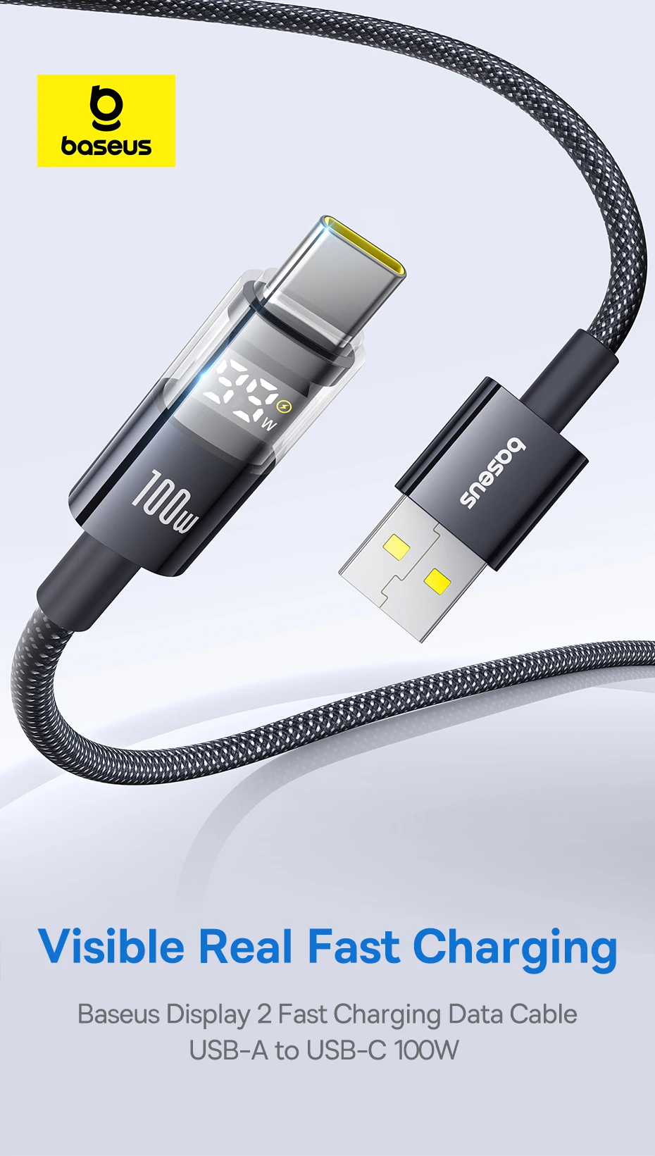 Baseus 100W USB Cable For Huawei Honor LED Display USB Cable Type C for Tablet Fast Charging Data Wire For Xiaomi 14