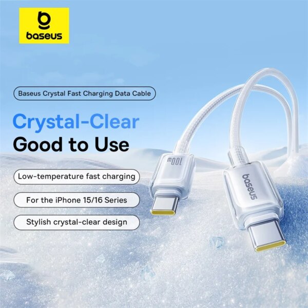 Baseus Crystal 100W USB C to USB C Fast Charging Cable PD 100W for iPhone 16 15 Pro MacBook