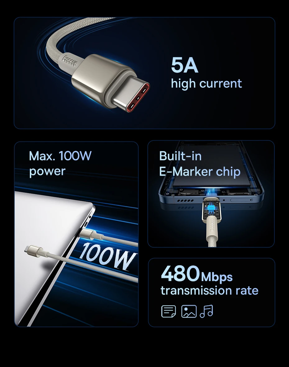 Baseus 100W USB C to USB Type C Cable For iPhone 16 15 for Xiaomi Quick Charge 4.0 PD 100W Fast Charger for MacBook iPad Pro