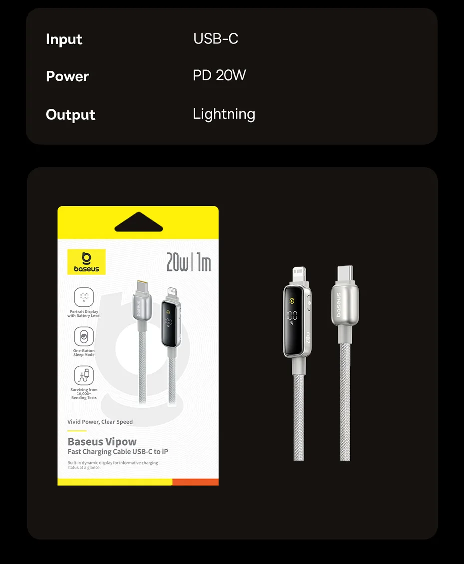 Baseus 20W USB C Cable For iPhone 14 13 12 Pro Max Plus Digital Display Fast Charging Cable For iPad Pro Mini Data Wire