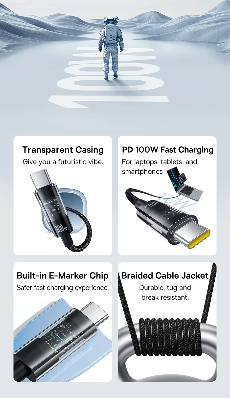 Basues Transparent Type C to Type C Cable 100W PD Fast Charging USB C to USB C Cable For Xiaomi POCO Realme Macbook iPad
