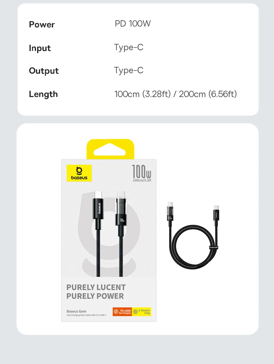 Basues Transparent Type C to Type C Cable 100W PD Fast Charging USB C to USB C Cable For Xiaomi POCO Realme Macbook iPad