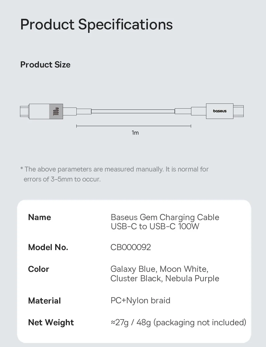 Basues Transparent Type C to Type C Cable 100W PD Fast Charging USB C to USB C Cable For Xiaomi POCO Realme Macbook iPad