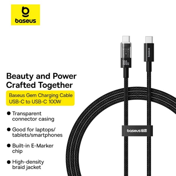 Baseus Transparent Type C to USB C Cable 100W PD Fast Charging Braided for MacBook iPad iPhone 15 Xiaomi - Image 2