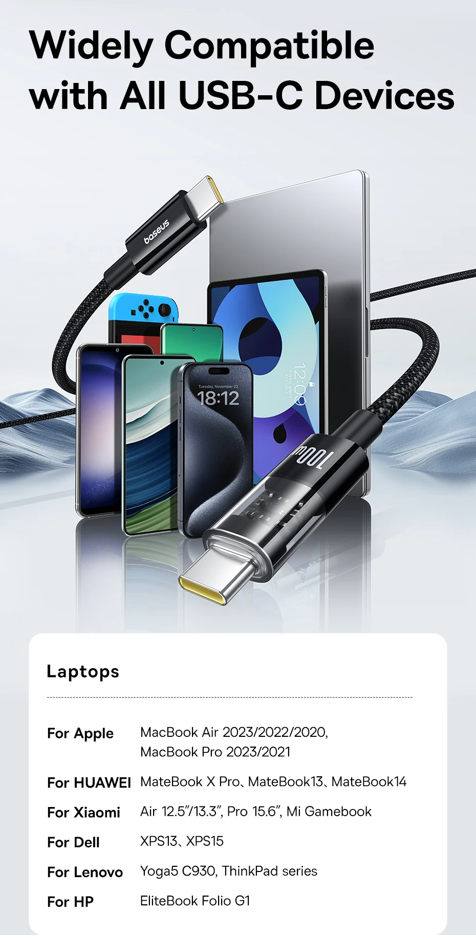 Basues Transparent Type C to Type C Cable 100W PD Fast Charging USB C to USB C Cable For Xiaomi POCO Realme Macbook iPad