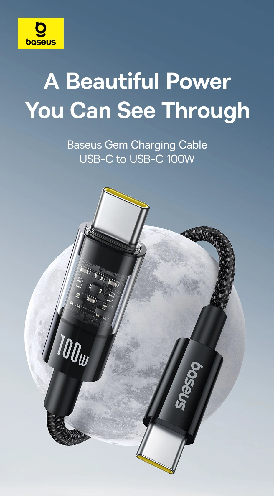 Basues Transparent Type C to Type C Cable 100W PD Fast Charging USB C to USB C Cable For Xiaomi POCO Realme Macbook iPad