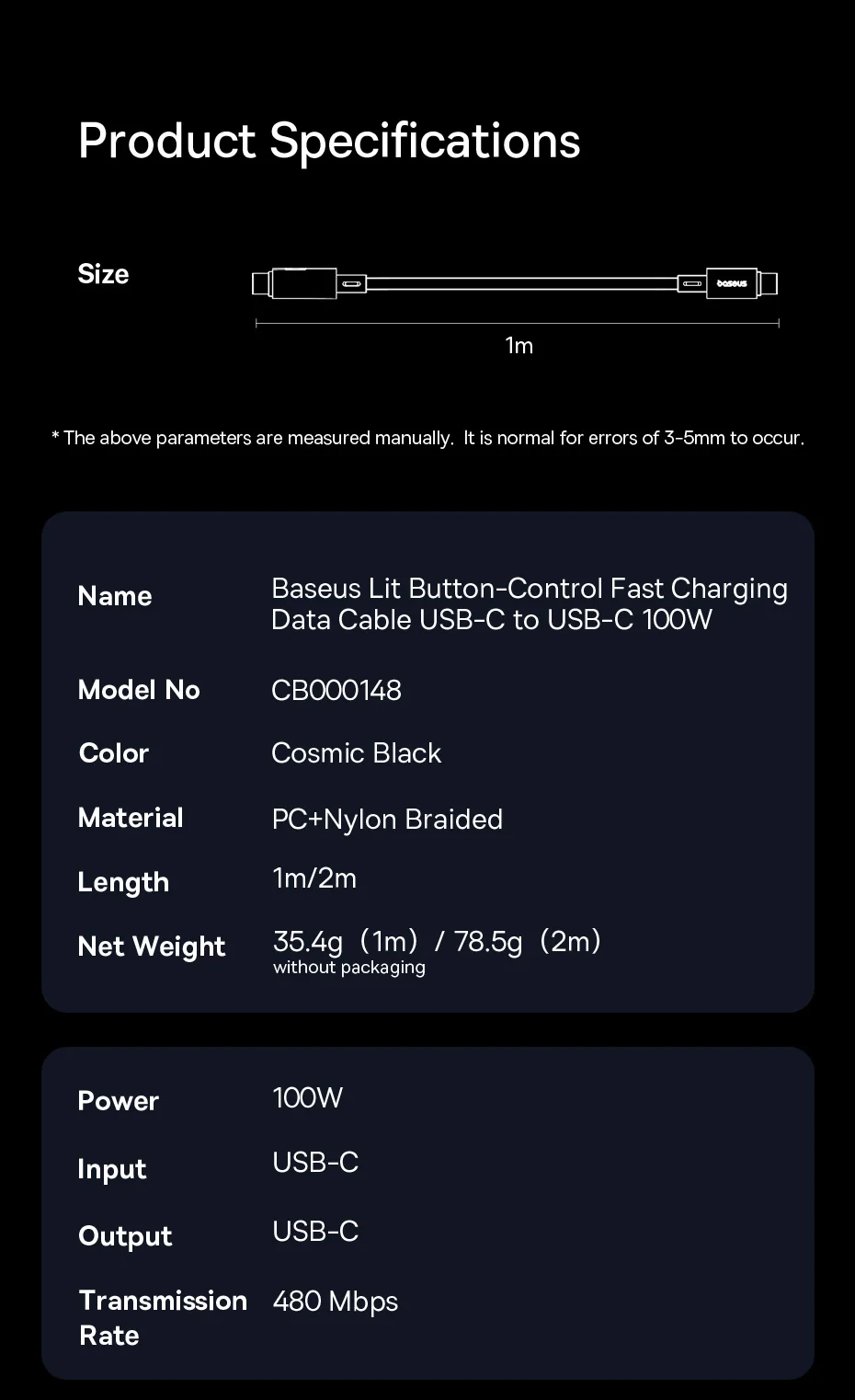 Baseus 100W USB C Cable For iPhone 16 15 Pro Max Type C To USB C Cable For Macbook Laptop Fast Charging Charger Wire For Xiaomi