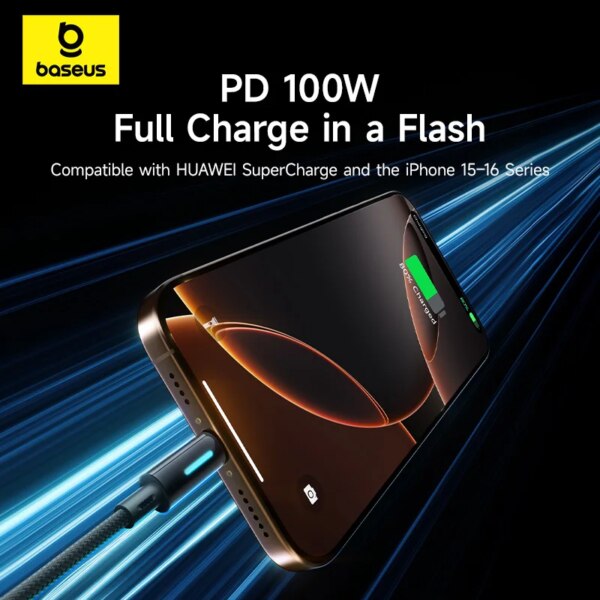 Baseus Lit 100W USB C to USB C Cable with Dynamic Light, Fast Charging for iPhone 16/15, MacBook, Xiaomi, Huawei - Image 2
