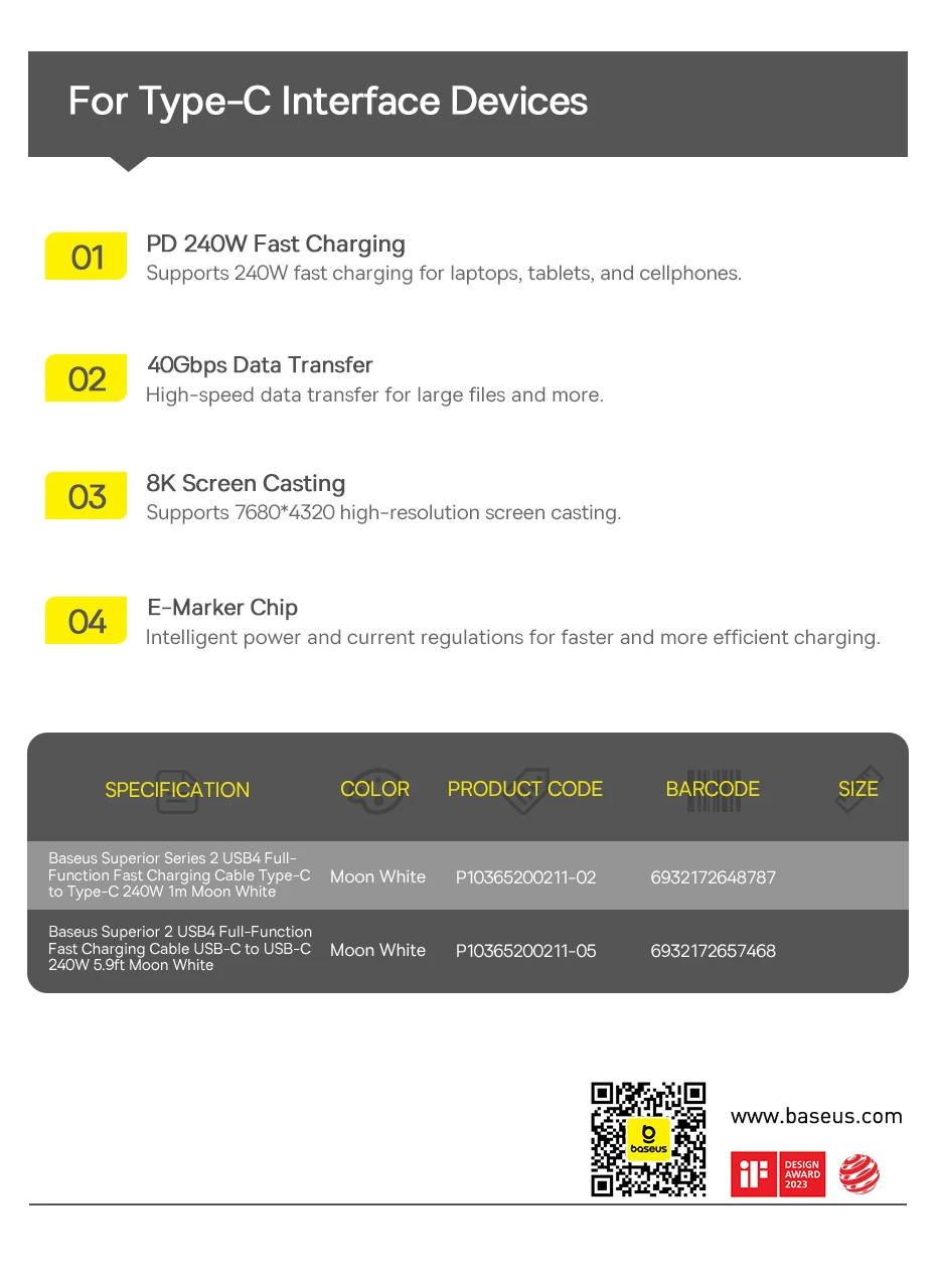 Baseus 240W USB C Cable USB 4.0 40Gbps Data Cable USB C Cable For Macbook 8K/60HZ Type C to Type C USB C Cable For iPhone 15