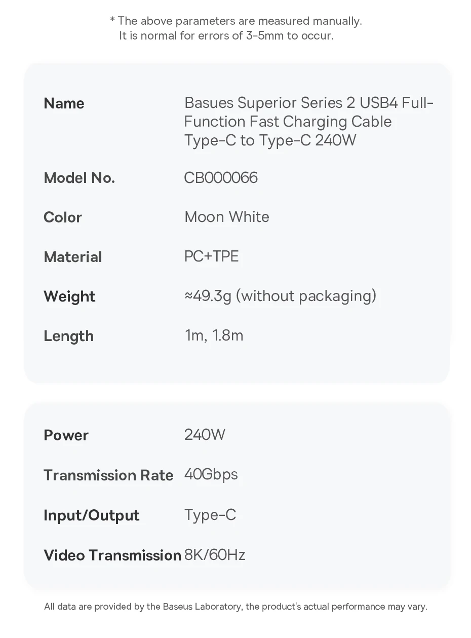 Baseus 240W USB C Cable USB 4.0 40Gbps Data Cable USB C Cable For Macbook 8K/60HZ Type C to Type C USB C Cable For iPhone 15