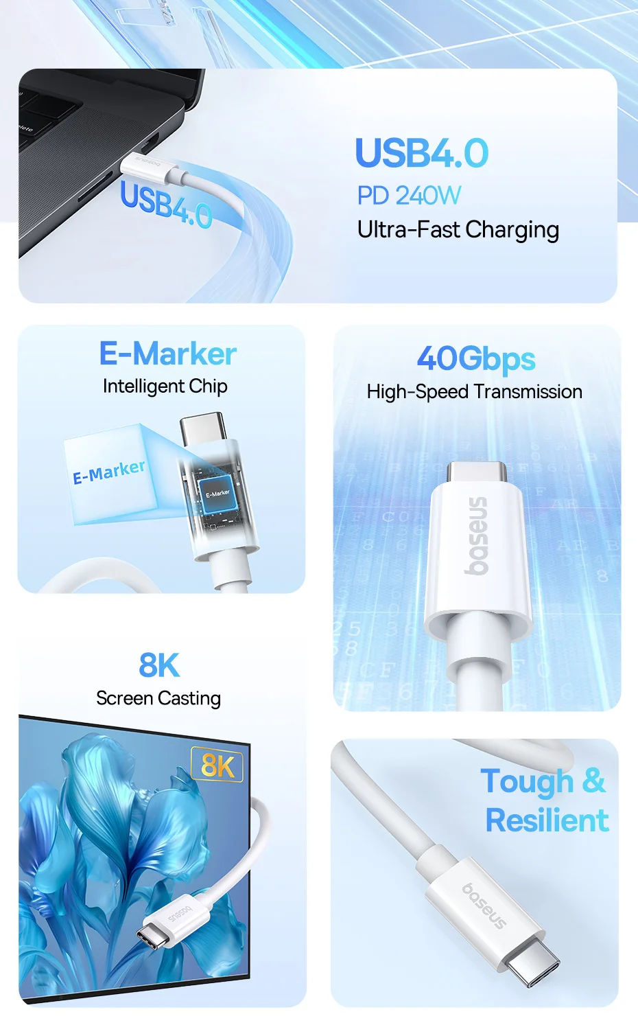 Baseus 240W USB C Cable USB 4.0 40Gbps Data Cable USB C Cable For Macbook 8K/60HZ Type C to Type C USB C Cable For iPhone 15