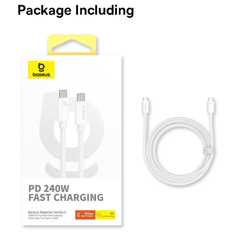 Baseus 240W USB C Cable USB 4.0 40Gbps Data Cable USB C Cable For Macbook 8K/60HZ Type C to Type C USB C Cable For iPhone 15