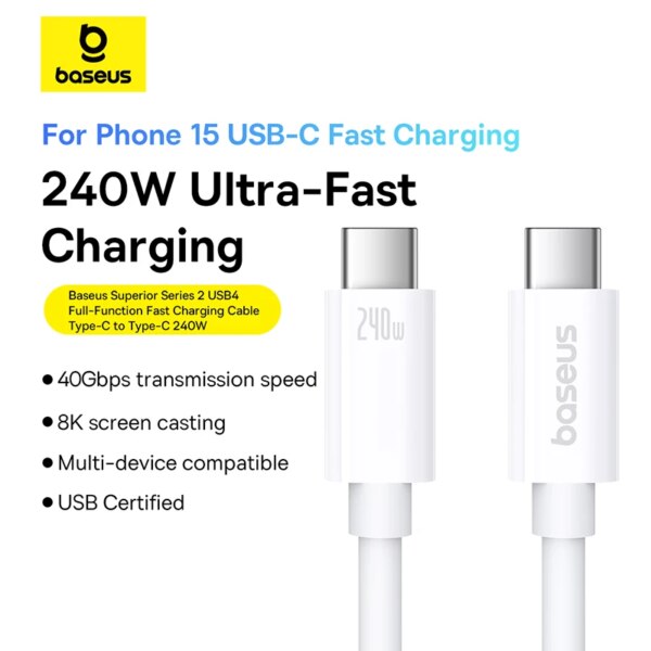 Baseus 240W USB C Cable USB4 40Gbps Fast Charging Cable Type C to Type C for MacBook iPhone 15 8K/60Hz - Image 2