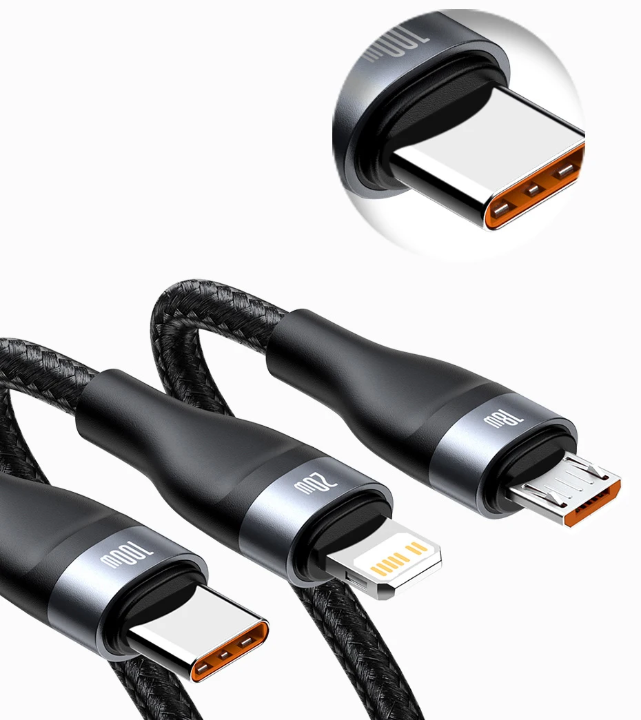 Baseus 3 in 1 USB C Cable for iPhone 15 14 13 Pro 11 XR Charger Cable 100W Micro USB Type C Cable for Macbook Pro Samsung Xiaomi