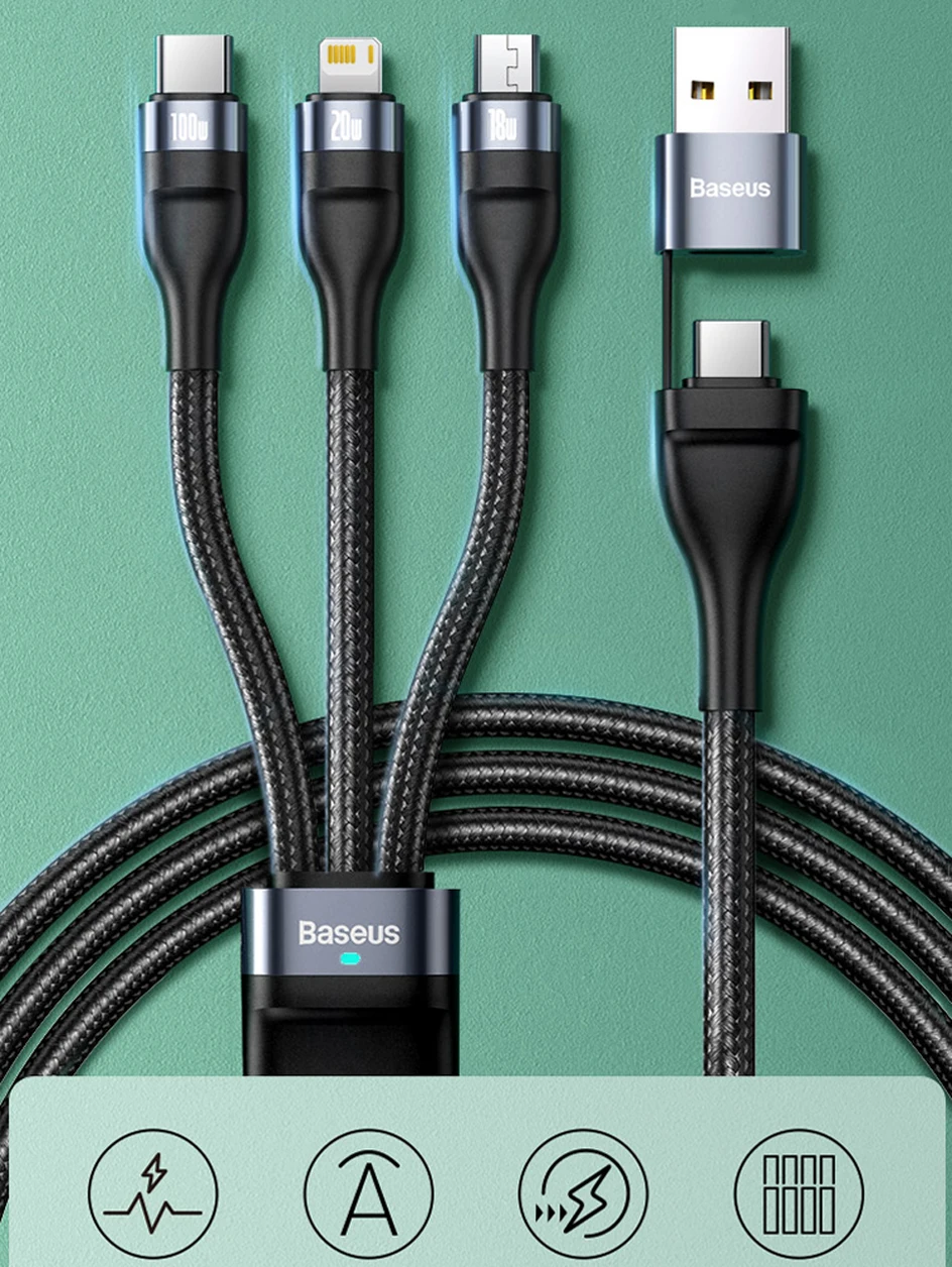 Baseus 3 in 1 USB C Cable for iPhone 15 14 13 Pro 11 XR Charger Cable 100W Micro USB Type C Cable for Macbook Pro Samsung Xiaomi