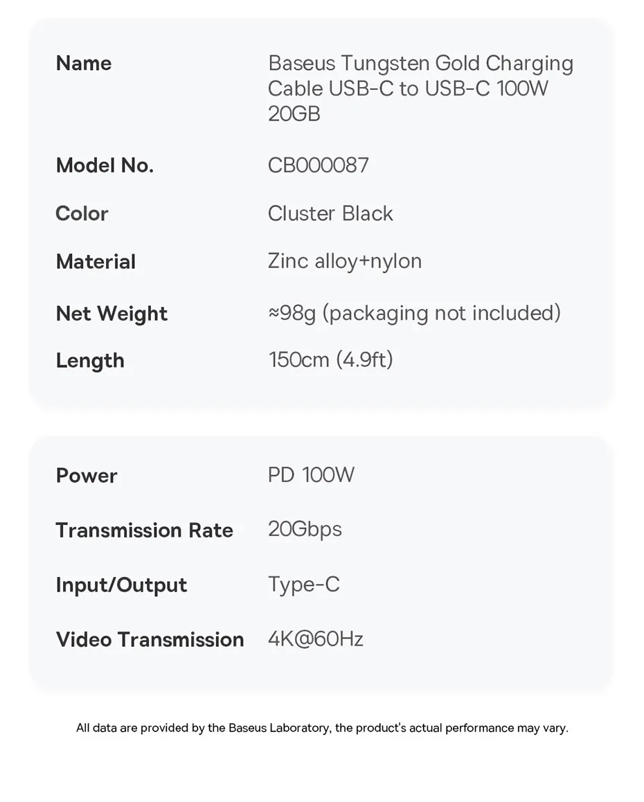 Baseus 20Gbps USB C Data Cable For MacBook 100W Fast Charging Cable For iPhone 16 15 Plus Promax 4K@60Hz Type C to Type C Wire