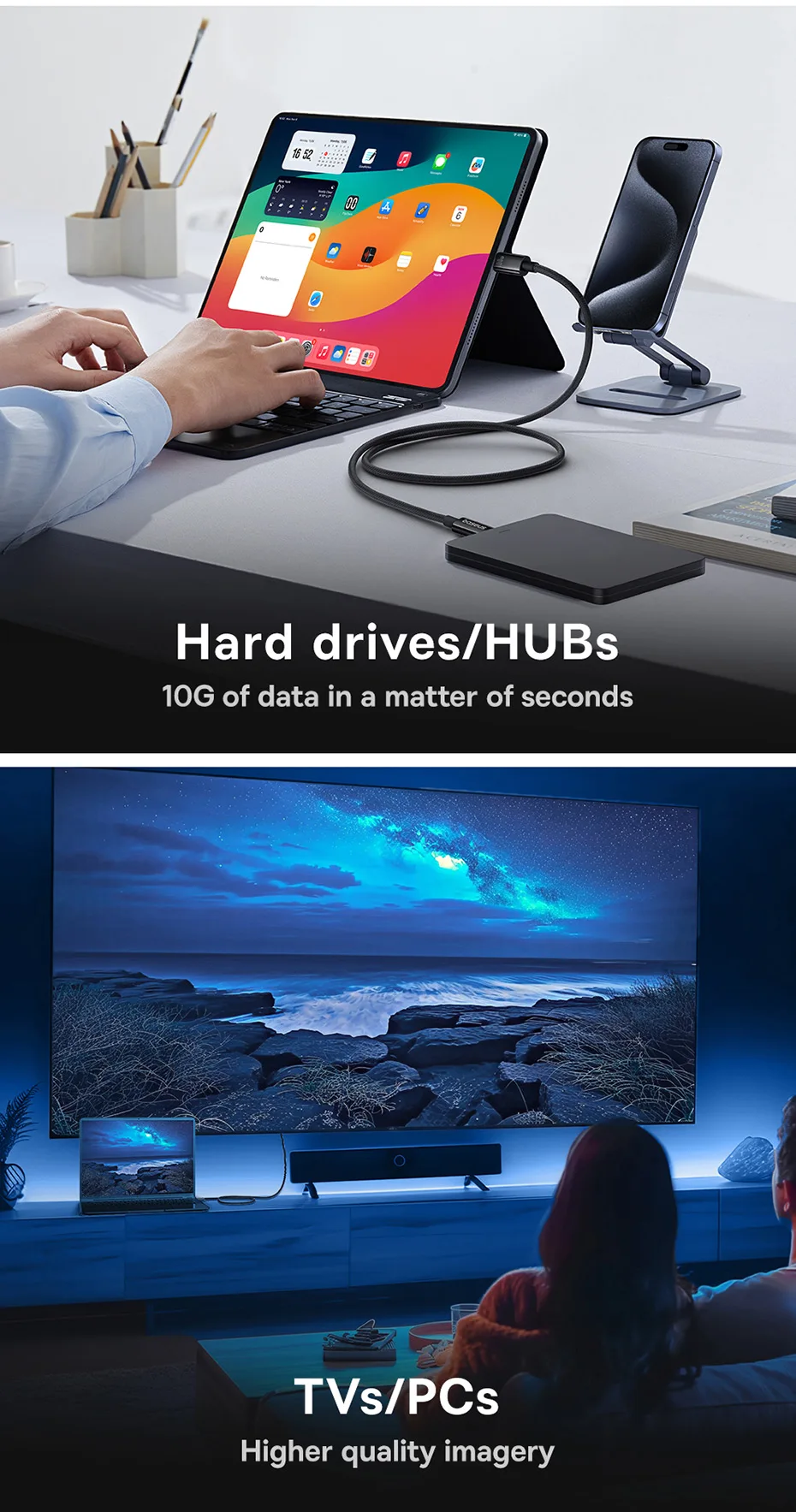 Baseus 20Gbps USB C Data Cable For MacBook 100W Fast Charging Cable For iPhone 16 15 Plus Promax 4K@60Hz Type C to Type C Wire