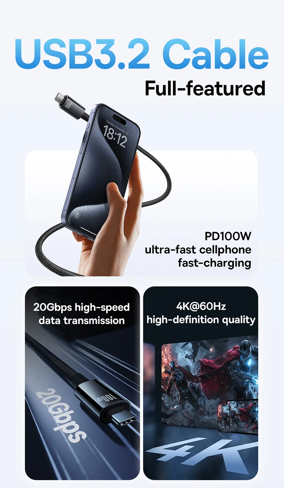 Baseus 20Gbps USB C Data Cable For MacBook 100W Fast Charging Cable For iPhone 16 15 Plus Promax 4K@60Hz Type C to Type C Wire