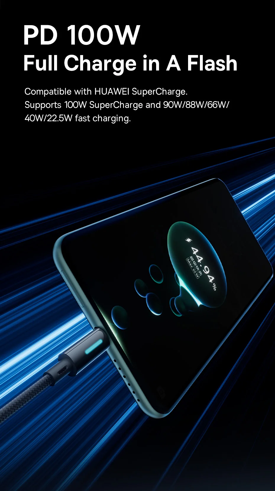 Baseus 100W USB Type C Cable For Huawei P50 P40 Pro Honor Fast Charge 5A Fast Charging USB C Charger Data Cable Wire Cord