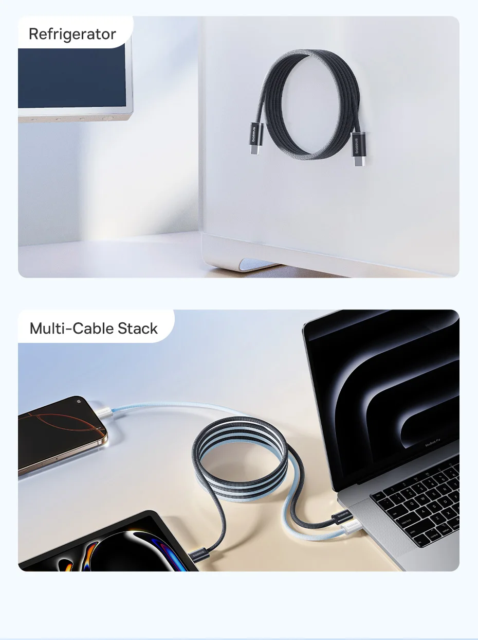 Baseus Magnetic 100W Type C Cable Fast Charge Cord Wire For iPhone 15 16 Anti Winding Cable For Macbook Samsung Huawei Xiaomi