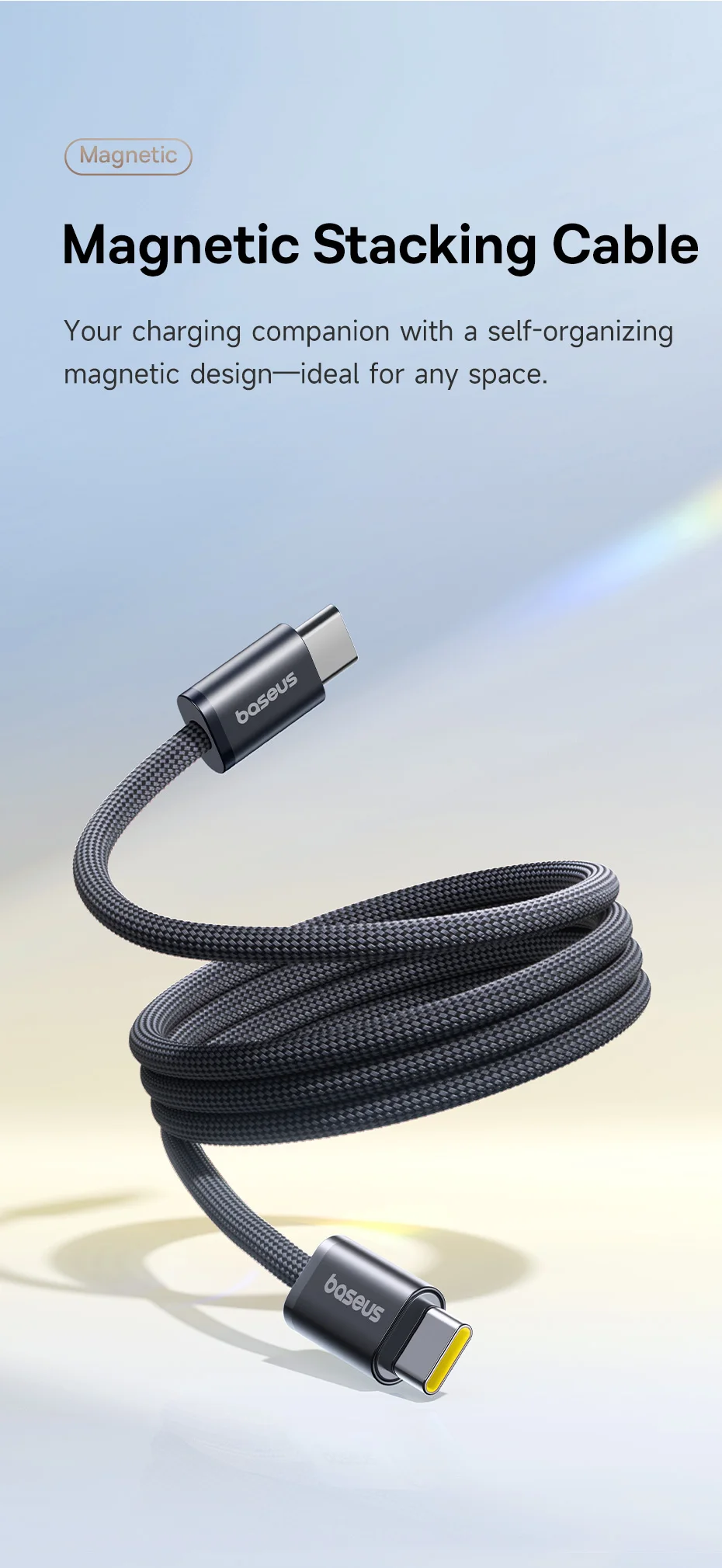 Baseus Magnetic 100W Type C Cable Fast Charge Cord Wire For iPhone 15 16 Anti Winding Cable For Macbook Samsung Huawei Xiaomi
