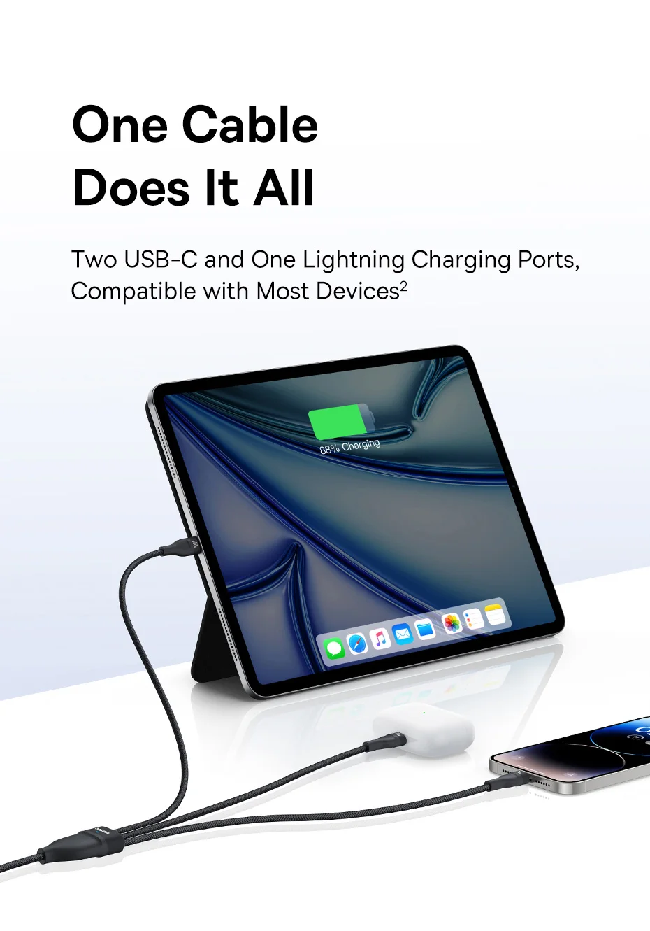 Baseus 3 in 1 USB Type C Cable for iPhone 16 15 14 13 Pro Charger Cable 100W USB C Cable for Macbook Samsung Xiaomi