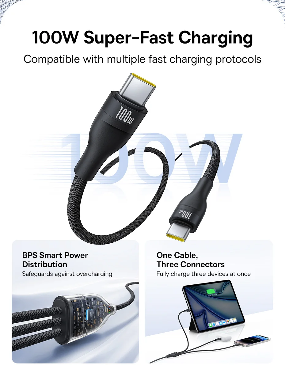 Baseus 3 in 1 USB Type C Cable for iPhone 16 15 14 13 Pro Charger Cable 100W USB C Cable for Macbook Samsung Xiaomi