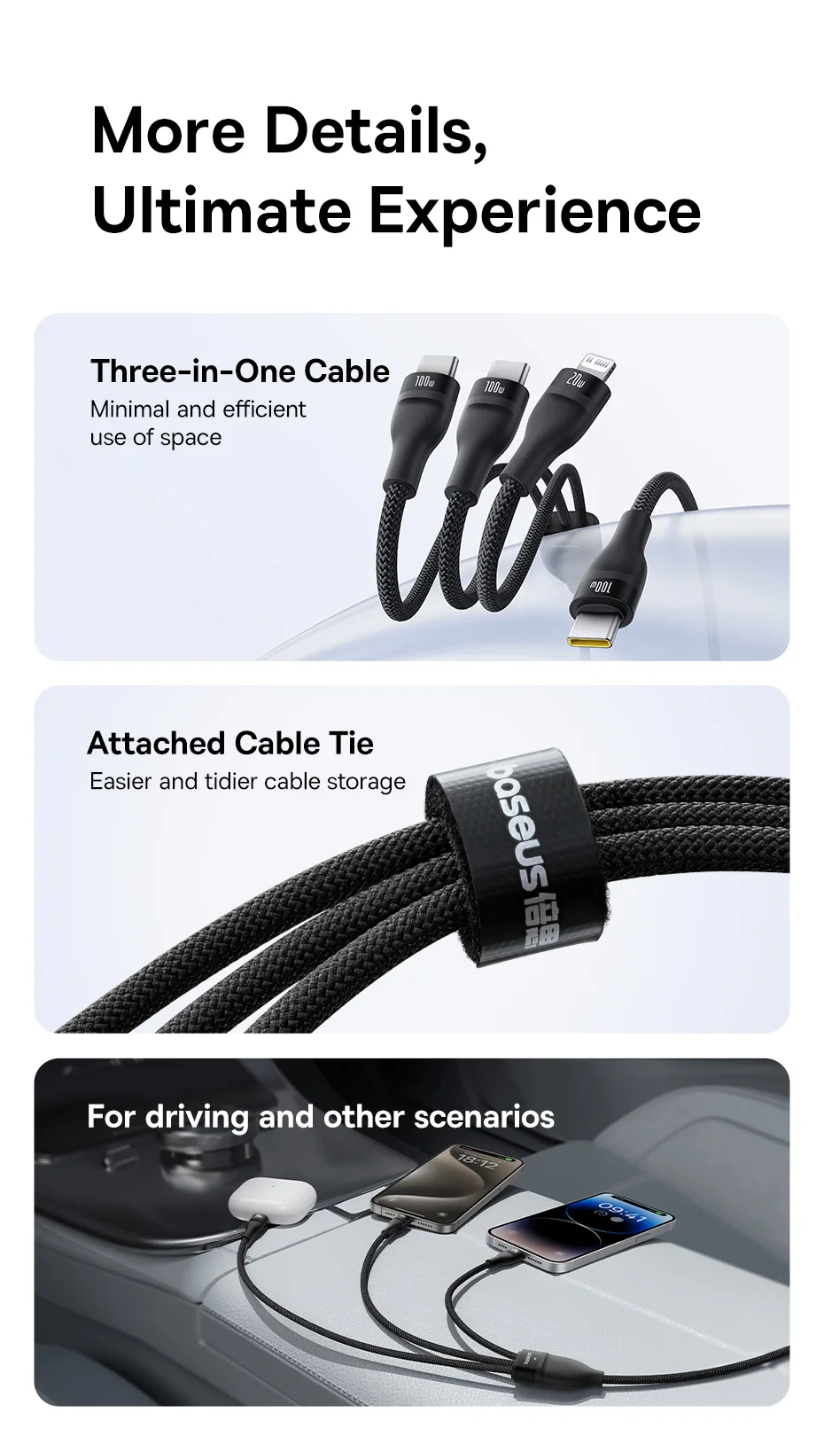 Baseus 3 in 1 USB Type C Cable for iPhone 16 15 14 13 Pro Charger Cable 100W USB C Cable for Macbook Samsung Xiaomi