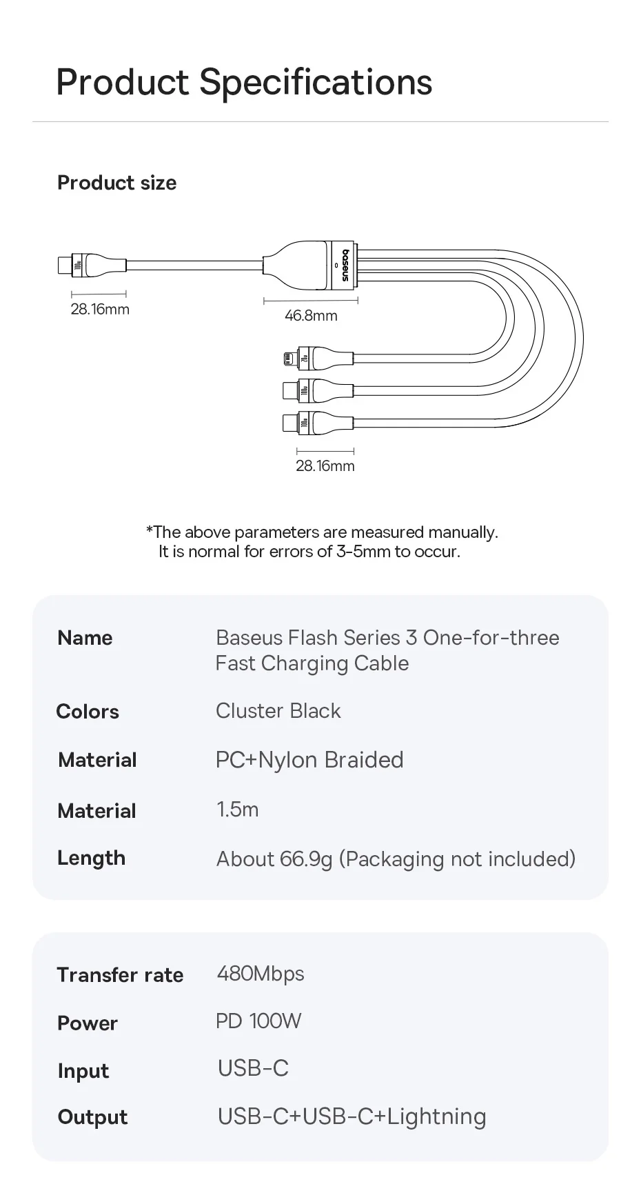 Baseus 3 in 1 USB Type C Cable for iPhone 16 15 14 13 Pro Charger Cable 100W USB C Cable for Macbook Samsung Xiaomi