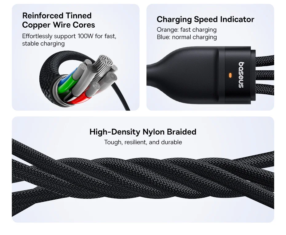 Baseus 3 in 1 USB Type C Cable for iPhone 16 15 14 13 Pro Charger Cable 100W USB C Cable for Macbook Samsung Xiaomi