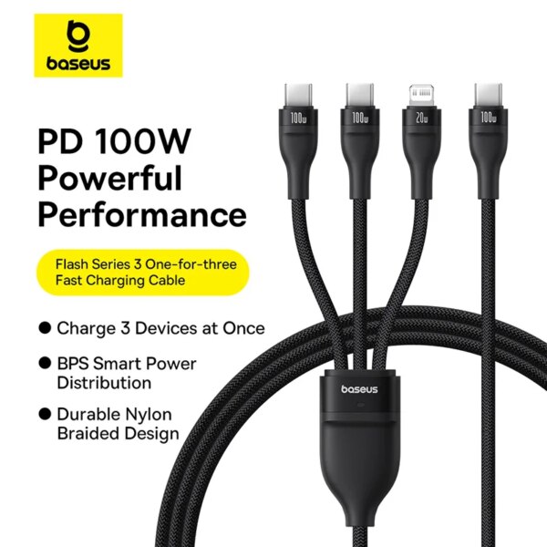 Baseus 3-in-1 USB C Cable 100W Fast Charging Cable for iPhone 16 15 14 Macbook Samsung Xiaomi - Image 2