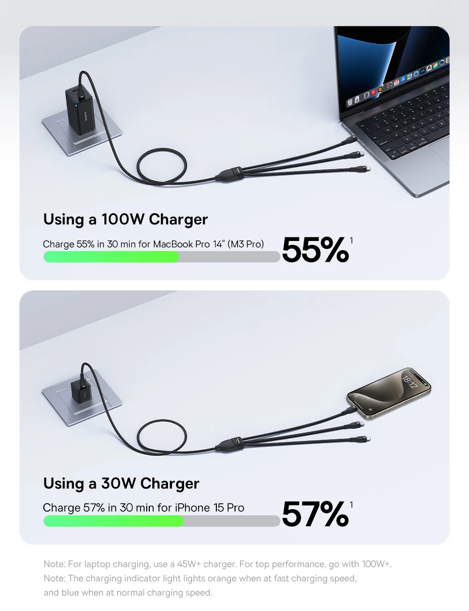 Baseus 3 in 1 USB Type C Cable for iPhone 16 15 14 13 Pro Charger Cable 100W USB C Cable for Macbook Samsung Xiaomi