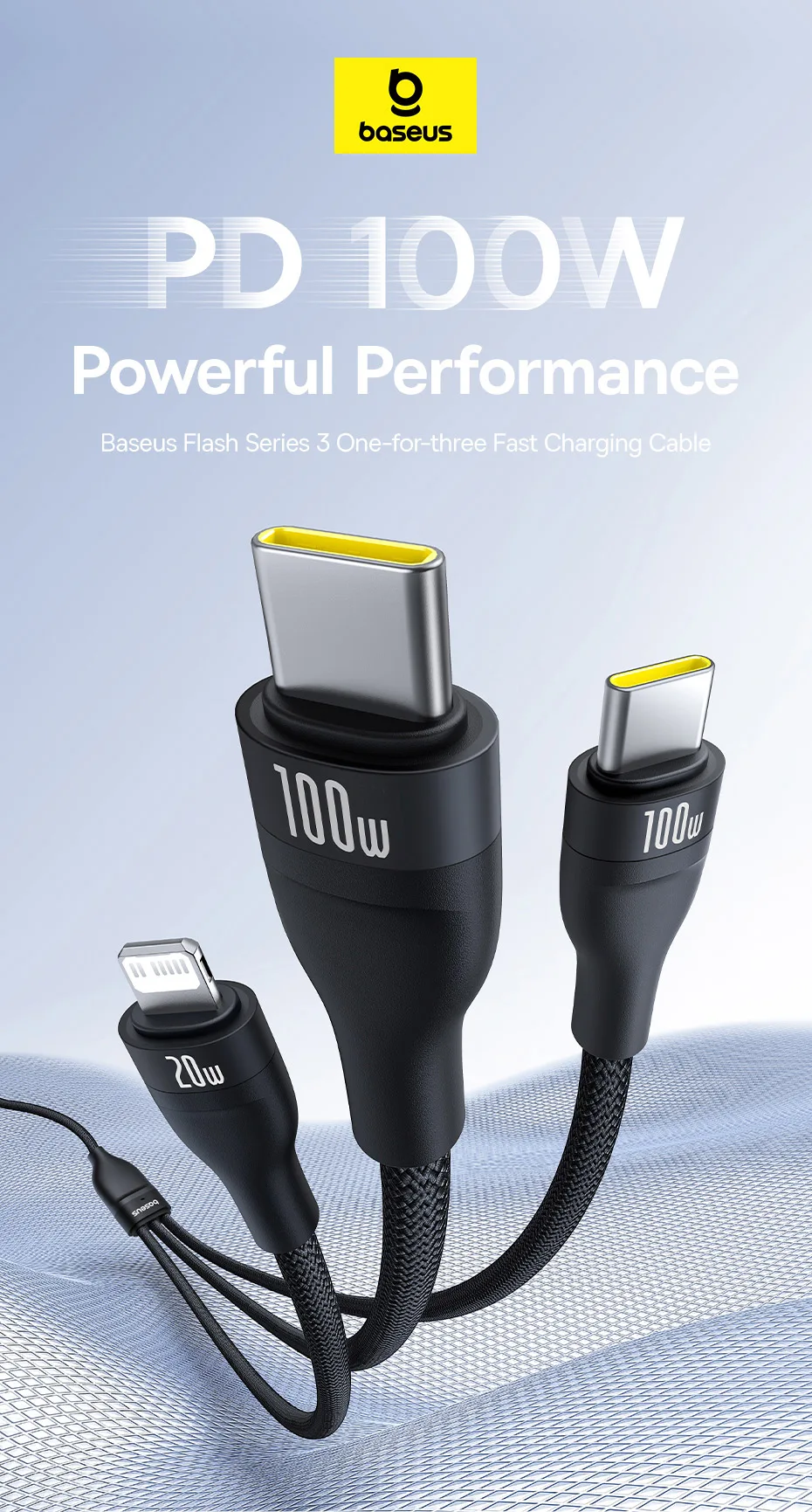 Baseus 3 in 1 USB Type C Cable for iPhone 16 15 14 13 Pro Charger Cable 100W USB C Cable for Macbook Samsung Xiaomi