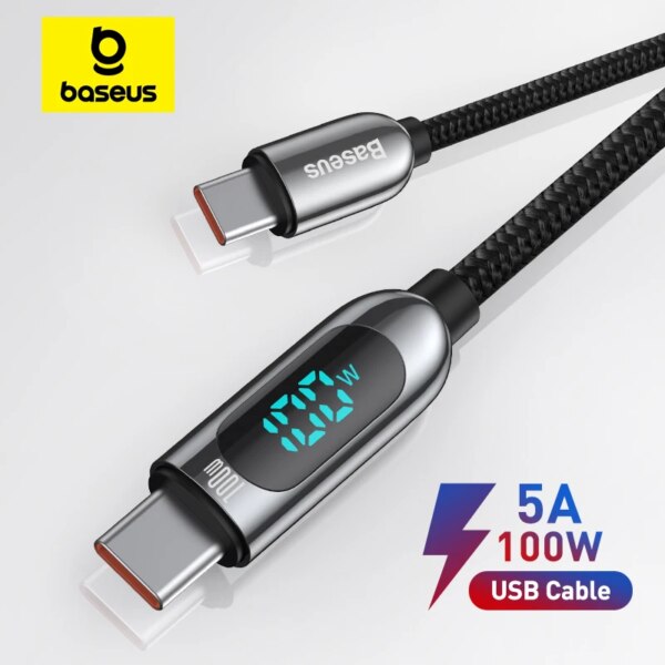 Baseus 100W USB C Cable with Digital Display Type C to Type C Fast Charging Data Cable for MacBook iPhone Samsung Xiaomi