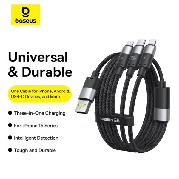 Baseus 3-in-1 100W Fast Charging Cable USB-A to Type C/Lightning/Micro USB - Image 2